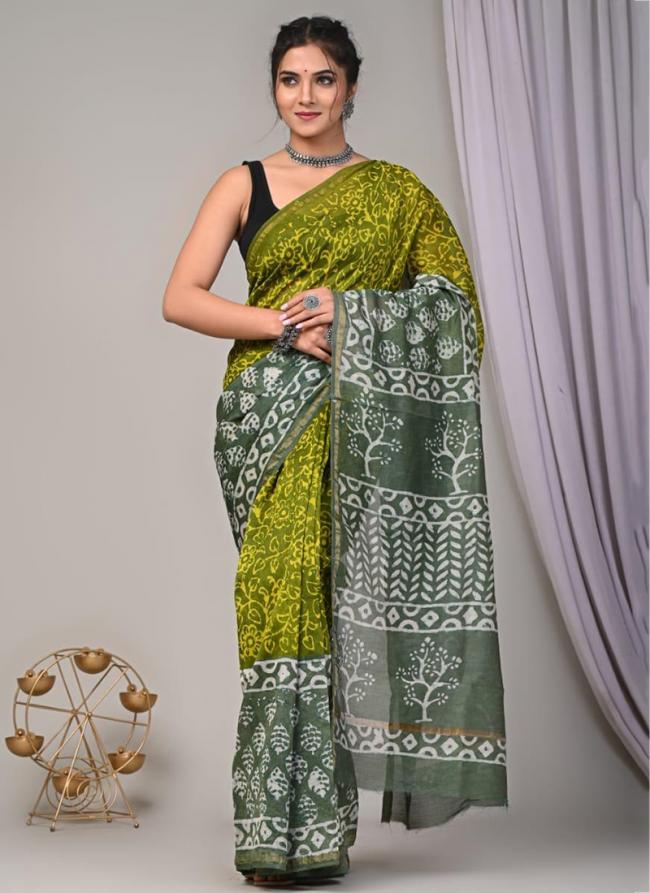 Chanderi Silk Green Festival Wear Block Printed Saree